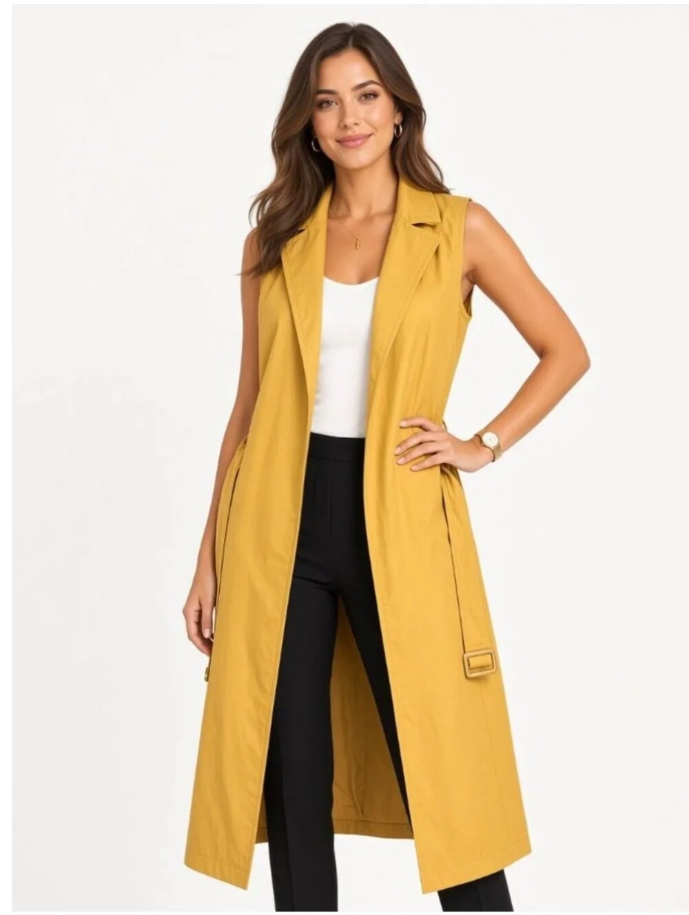 A New Day Yellow Belted Trench Vest Dress, Medium
